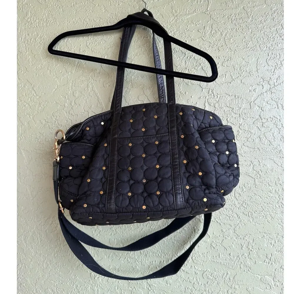 REBECCA MINKOFF Marissa Quilted Baby Bag Black Nylon Gold-Toned Studs Zip Top - Picture 3 of 9